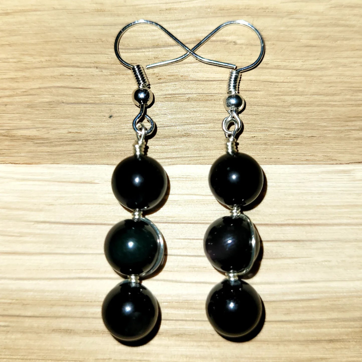 Boucles d'oreilles 3 perles en Obsidienne Oeil Celeste - Pierres de Terre Happy