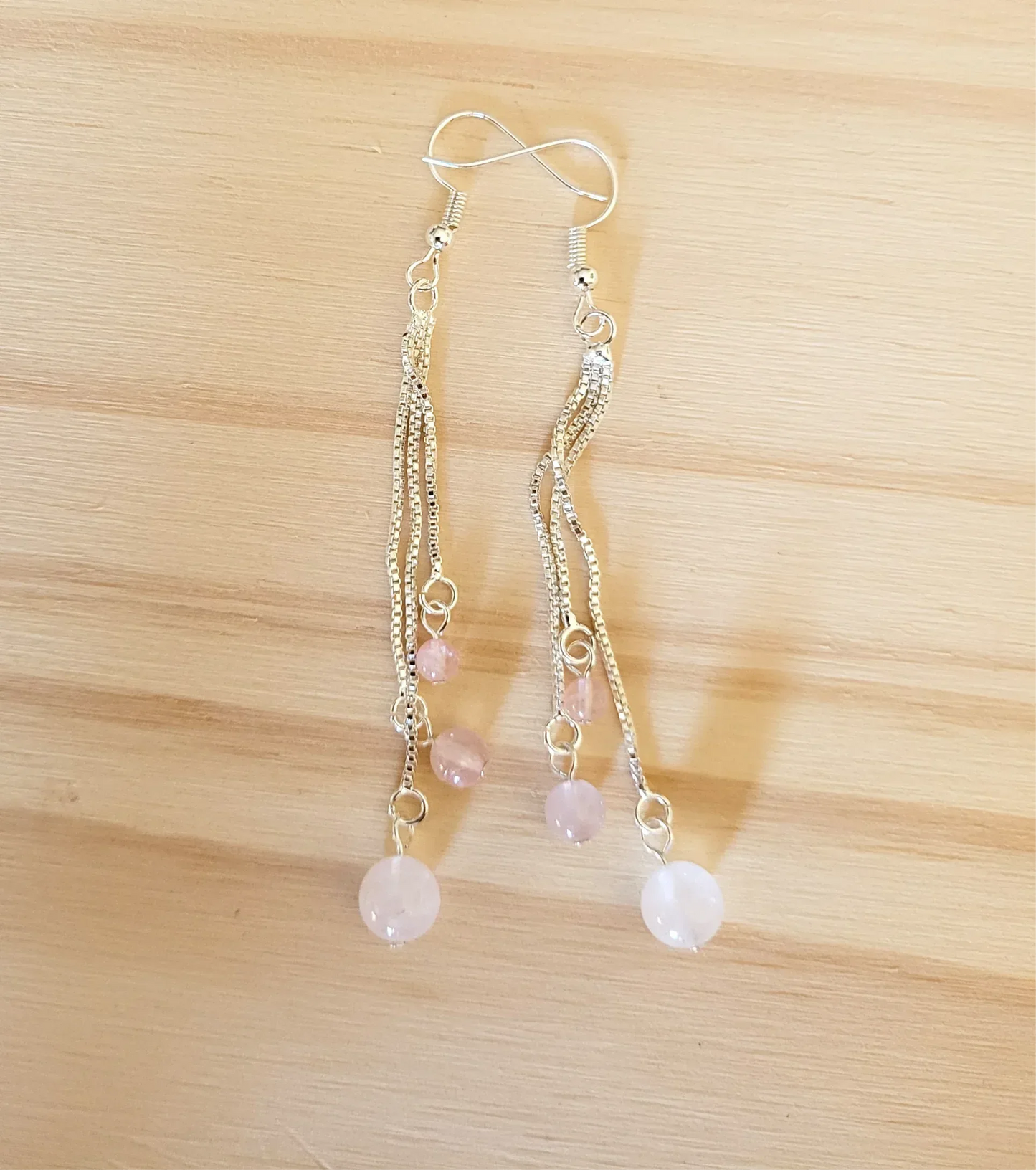 Boucles d'oreilles triples perles en Quartz Rose - Pierres de Terre Happy
