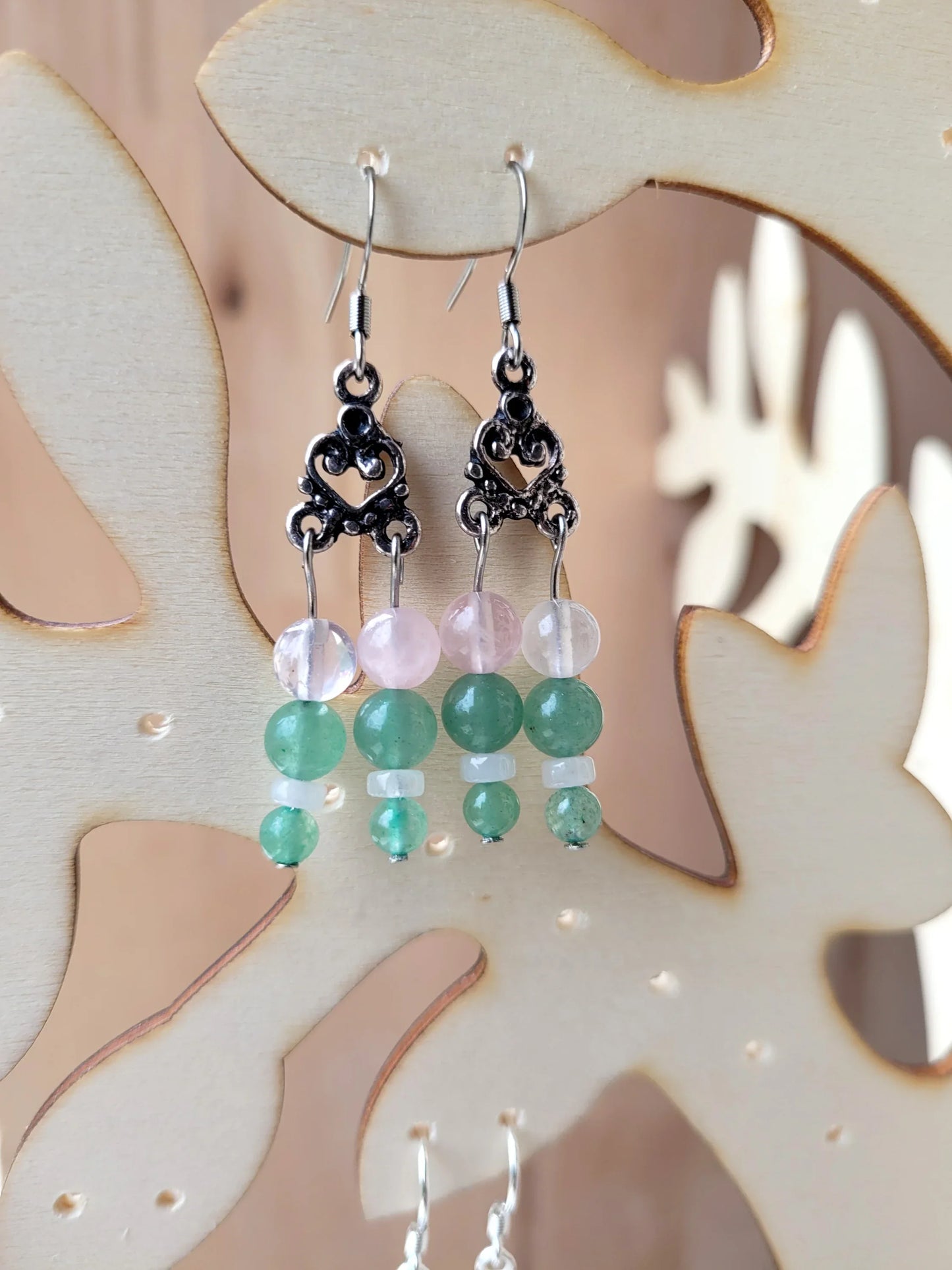 Boucles d'oreilles en Quartz Rose et Aventurine Verte - Pierres de Terre Happy