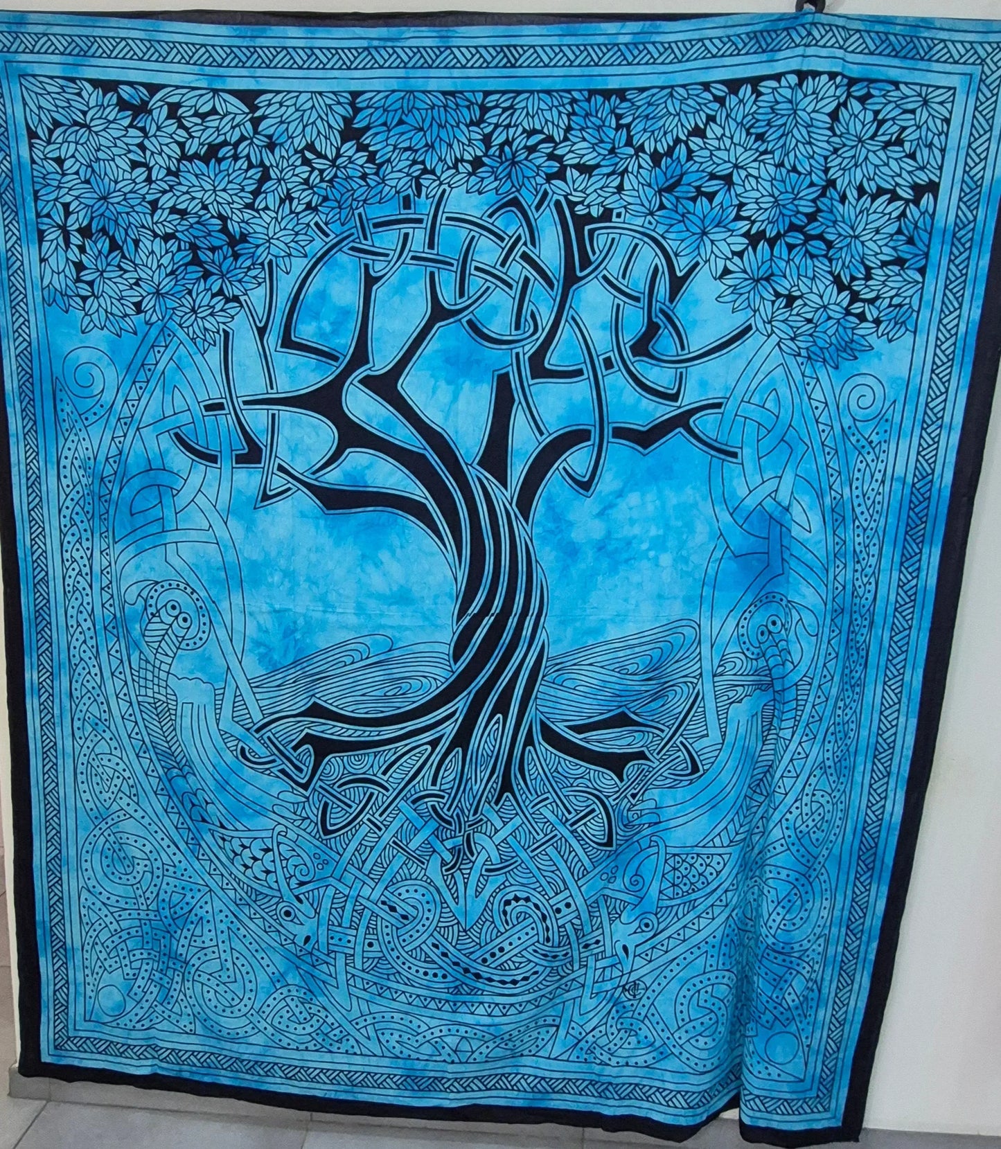 Tenture d'Inde grand modèle - arbre de vie Celtic bleu - Pierres de Terre Happy
