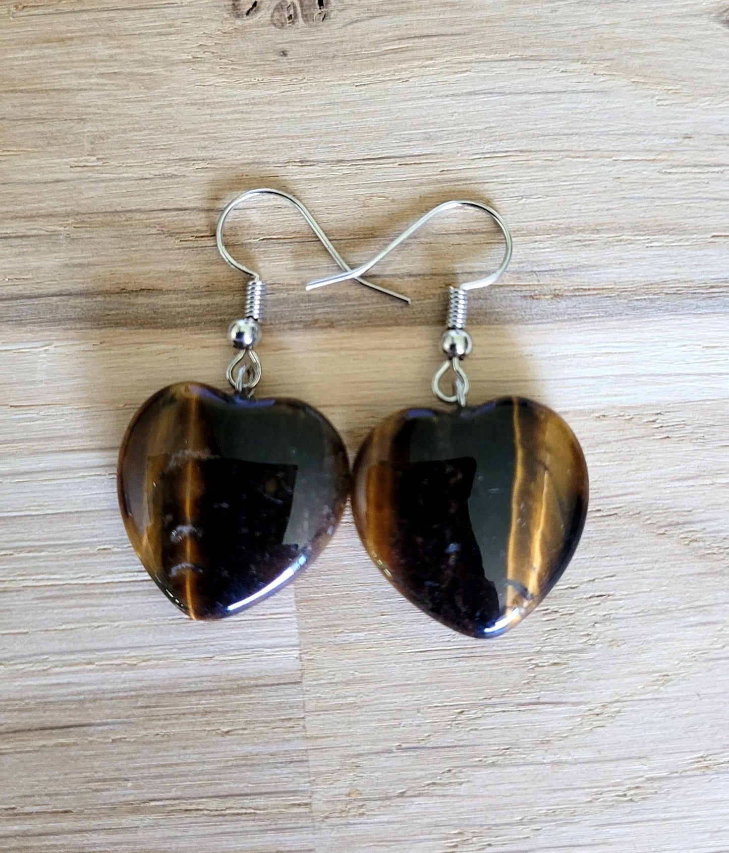 Boucles d'oreilles coeur en Oeil de Tigre - Pierres de Terre Happy