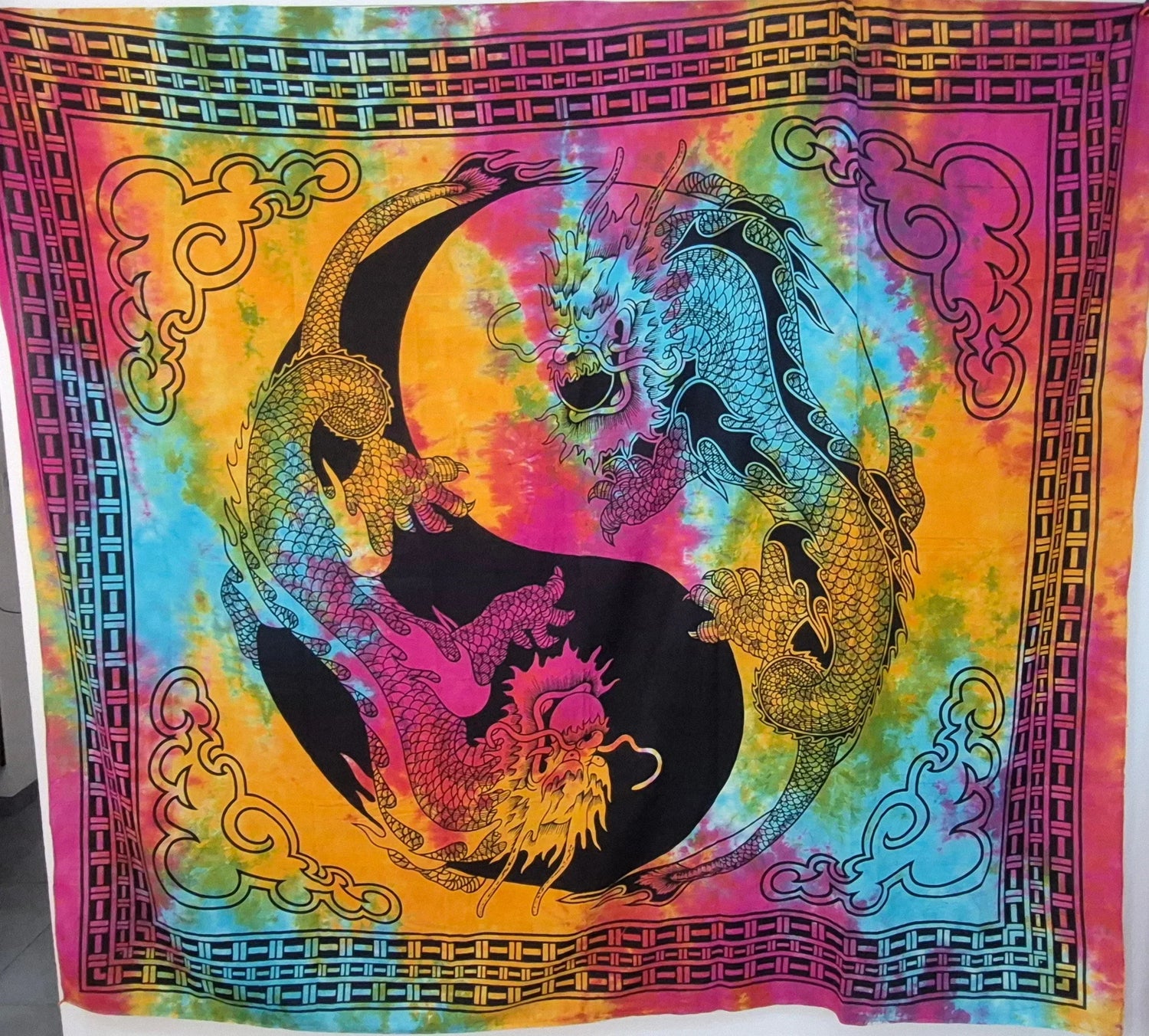 Tenture d'Inde grand modèle - Yin Yang dragons chinois multicolore - Pierres de Terre Happy