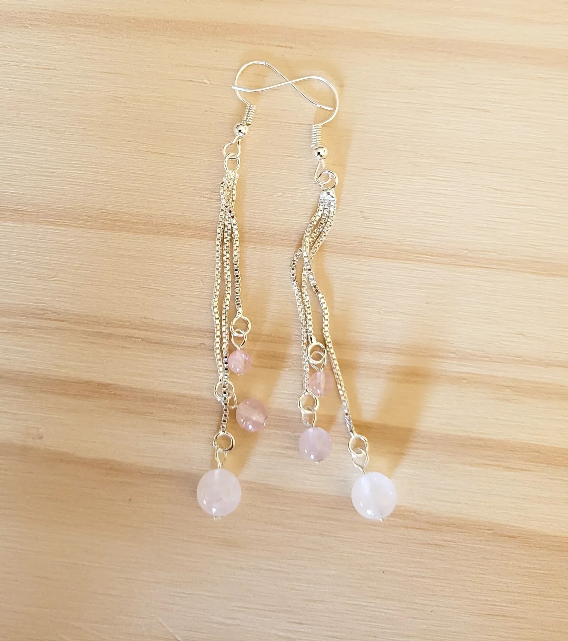 Boucles d'oreilles triples perles en Quartz Rose - Pierres de Terre Happy