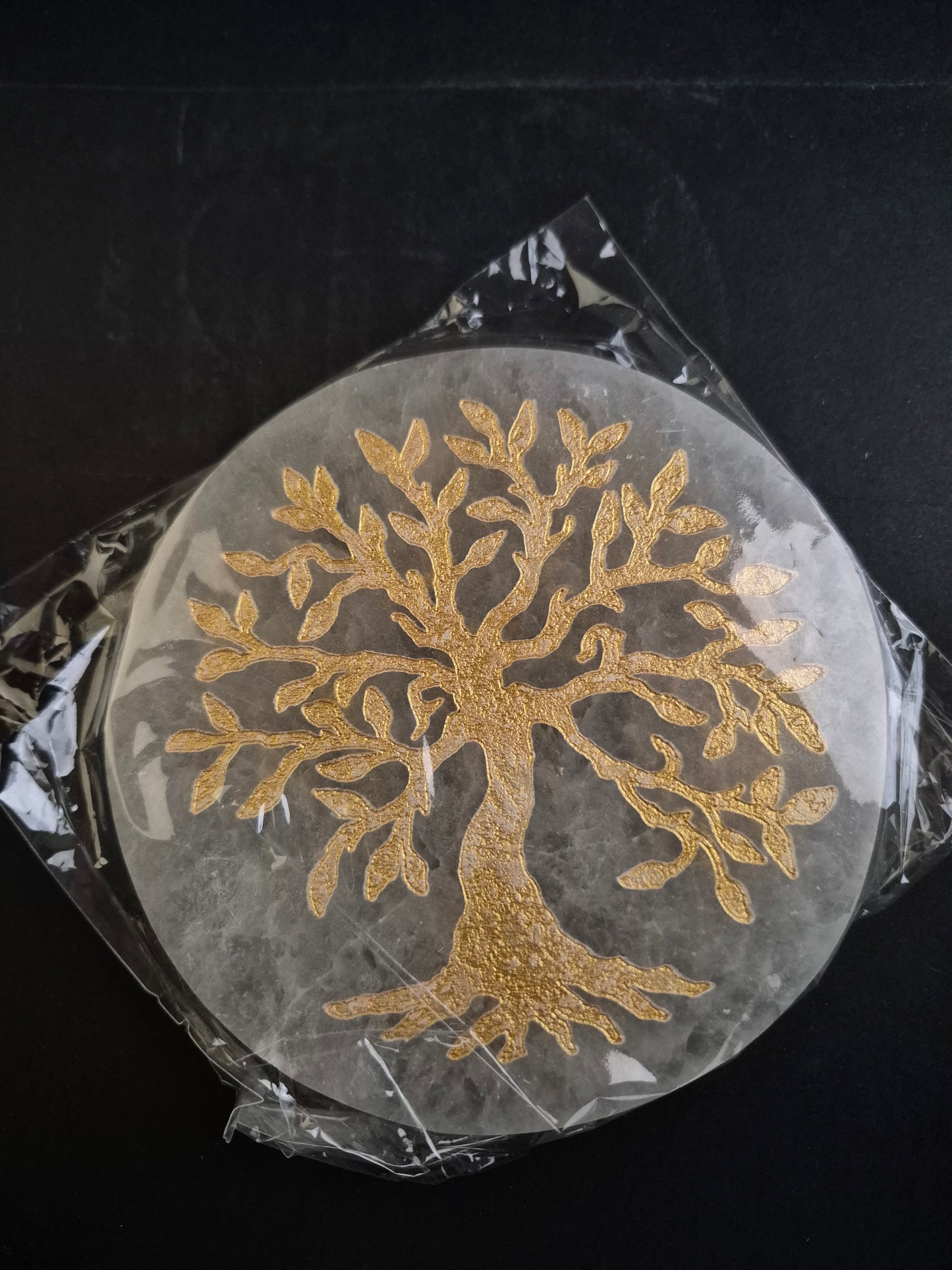 Plaque de dynamisation 12cm en Sélénite et arbre de vie doré